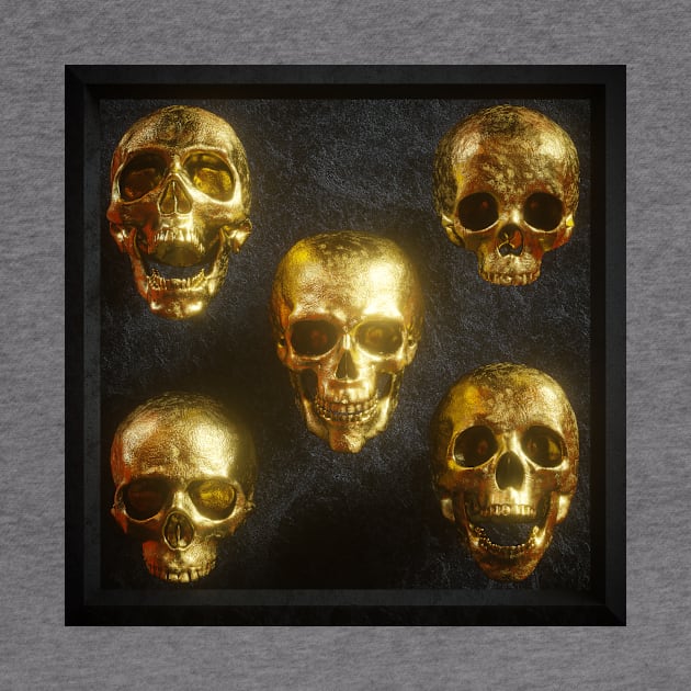 Golden skulls Halloween decor , Spooky art , Horror-themed print , Spine-chilling home decoration and apparel , Gothic Halloween design T-Shirt by PolyGraphics